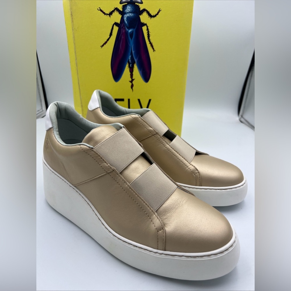FLY LONDON DITO Gold Leather Wedge Trainers Women’s Shoes SZ EU41 US 10-10.5 NWB